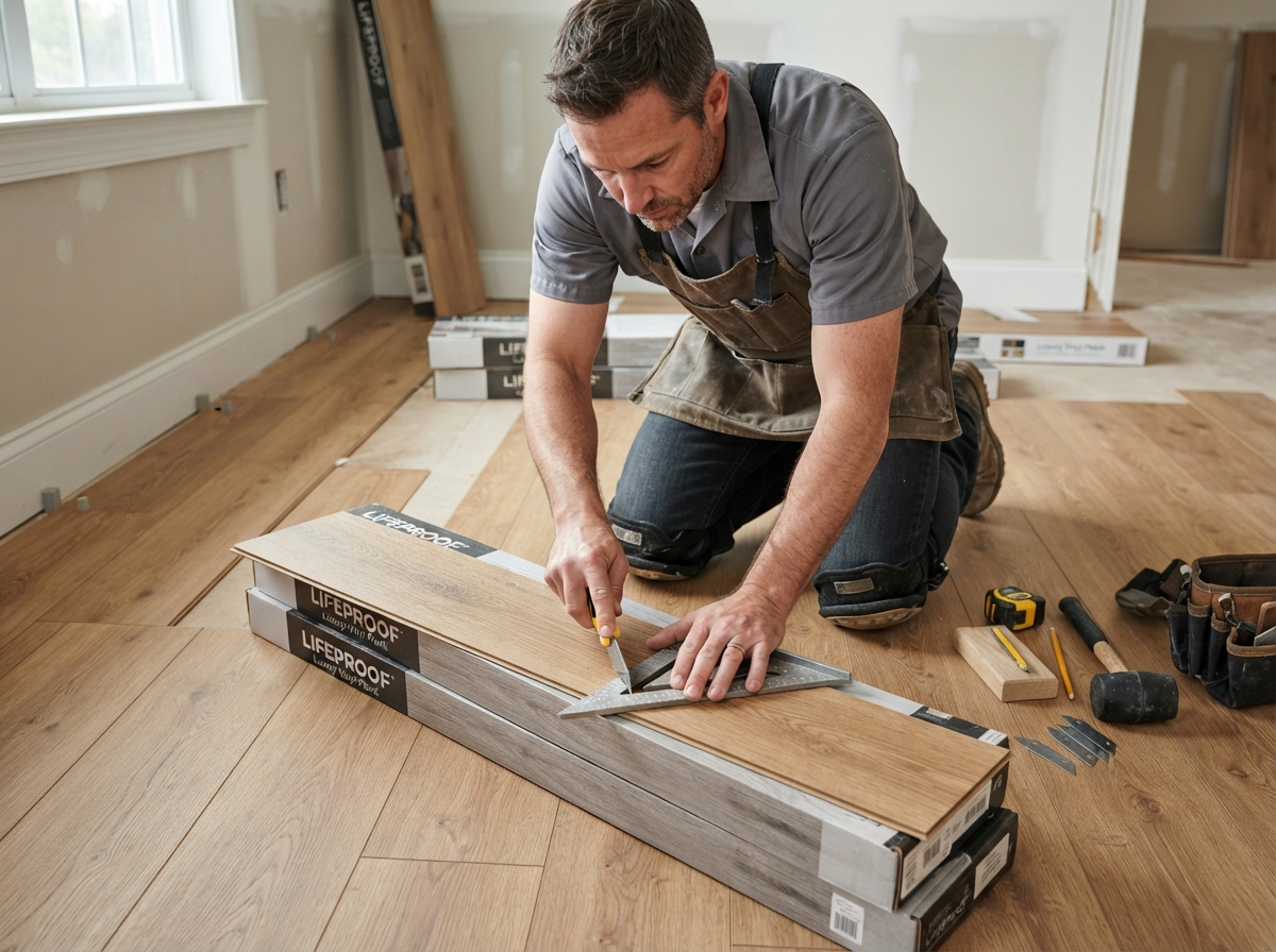 Professional flooring installer cutting luxury vinyl plank during installation