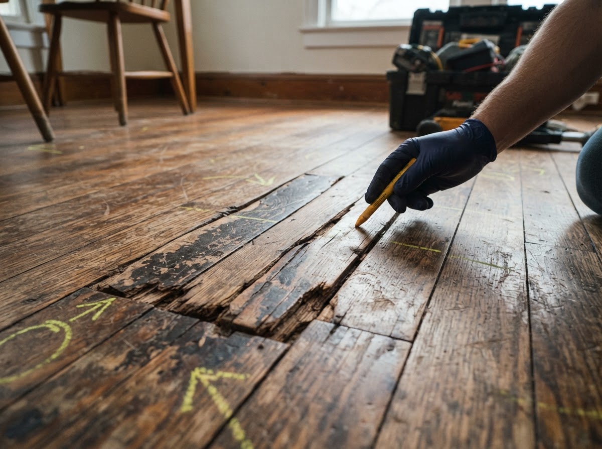 Flooring evaluation showing damaged planks ready for repair or replacement