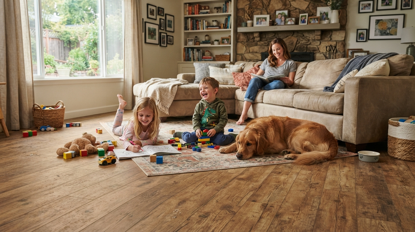 Laminate flooring in a busy family living room
