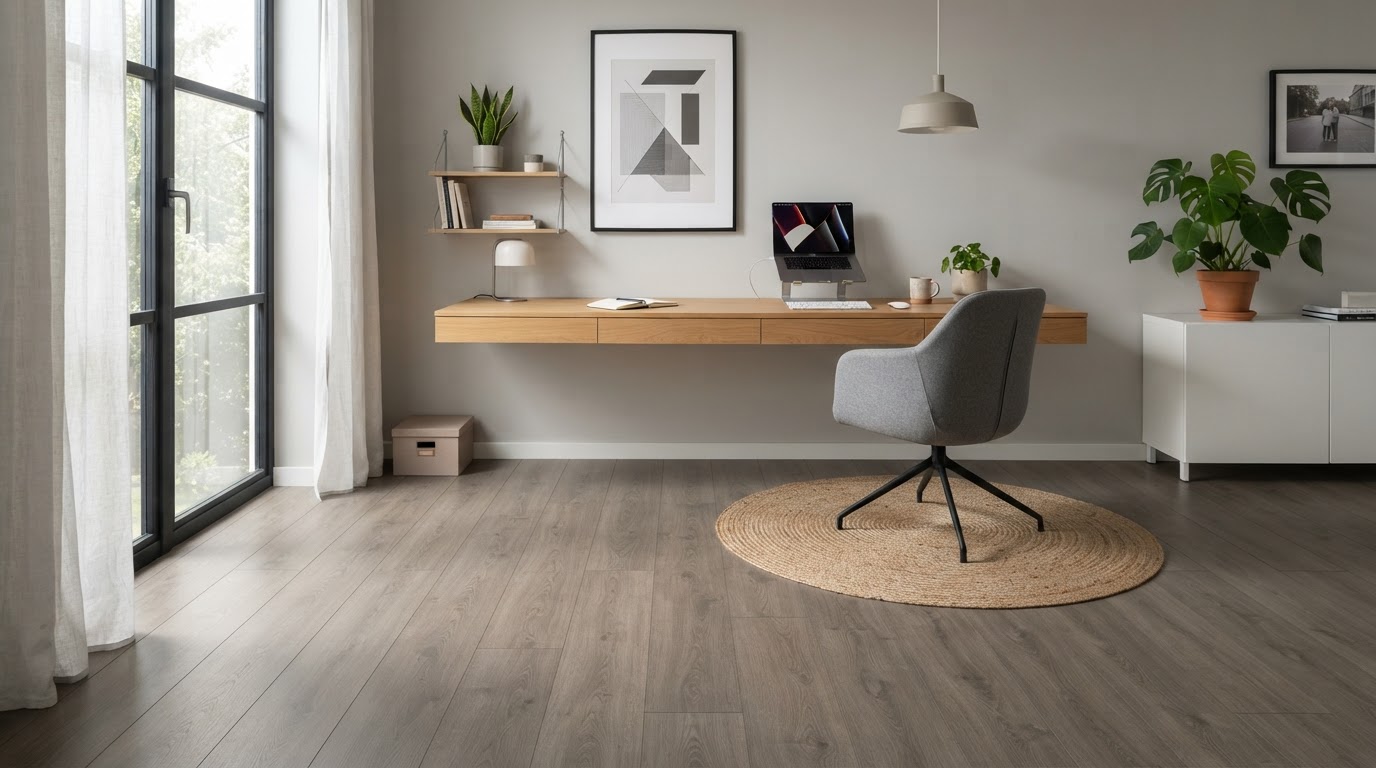Neutral contemporary laminate flooring in a modern home office