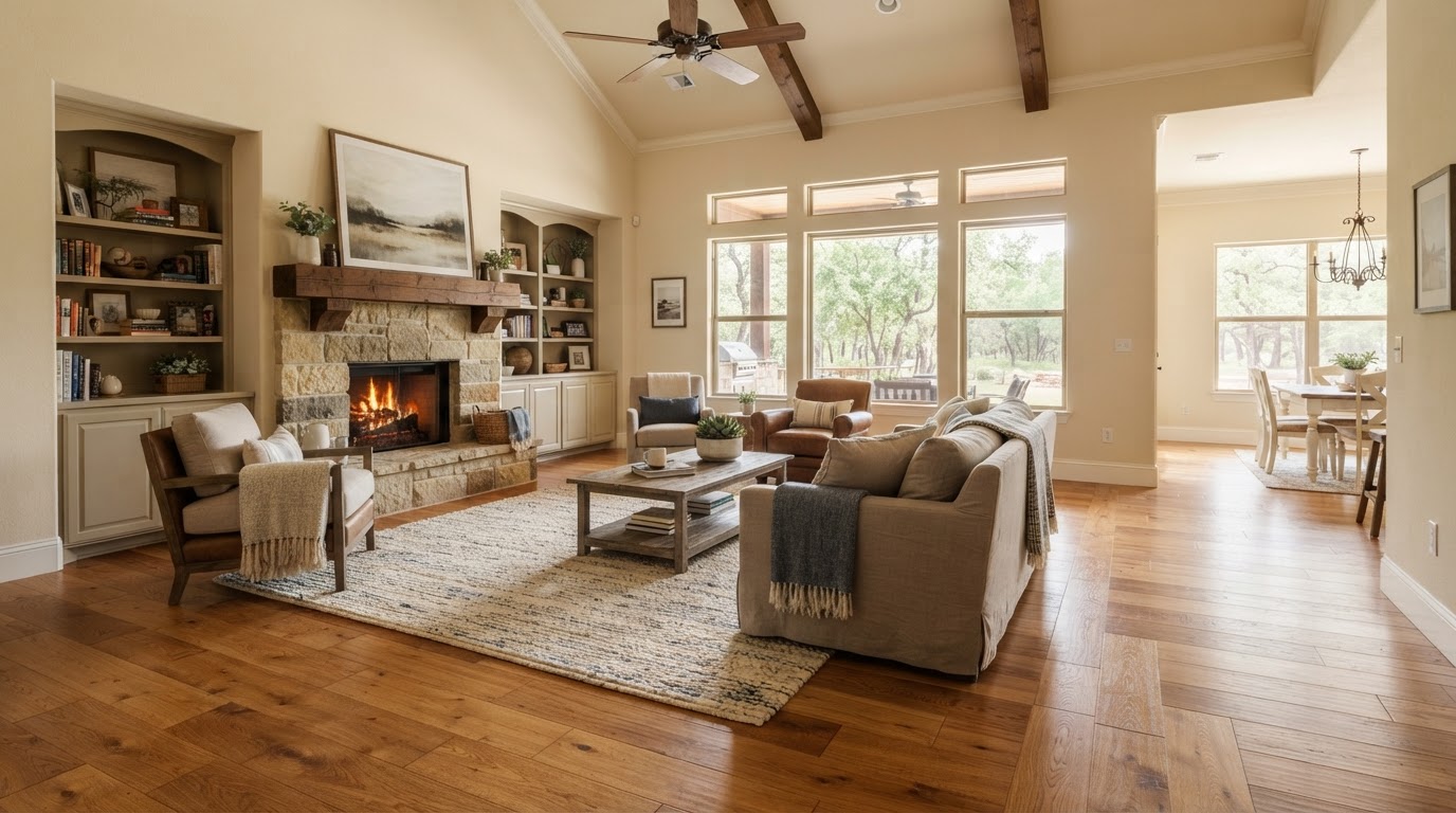 Beautiful hardwood flooring in a spacious East Texas living room