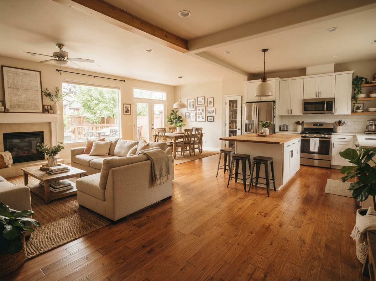 Warm medium tone hardwood flooring in an open concept home