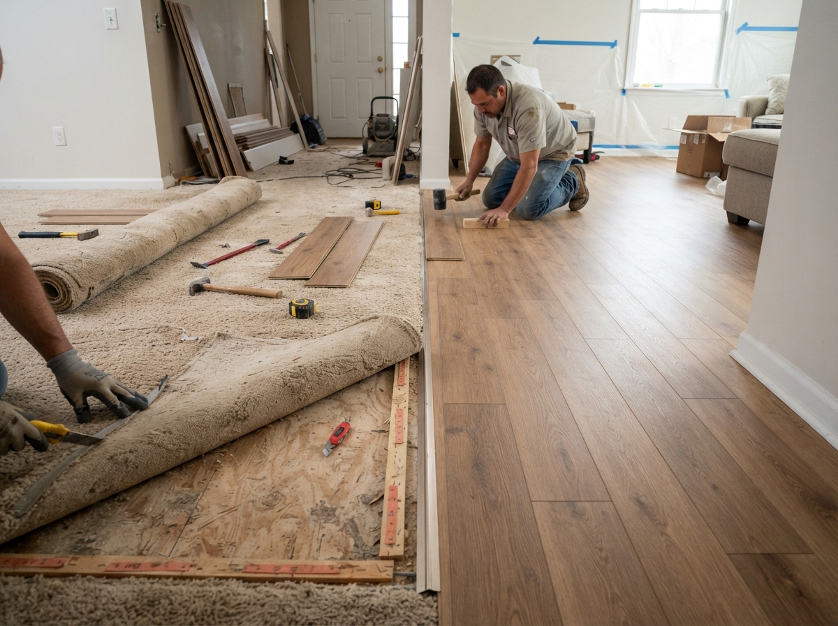 Flooring replacement work showing transition from old to new flooring