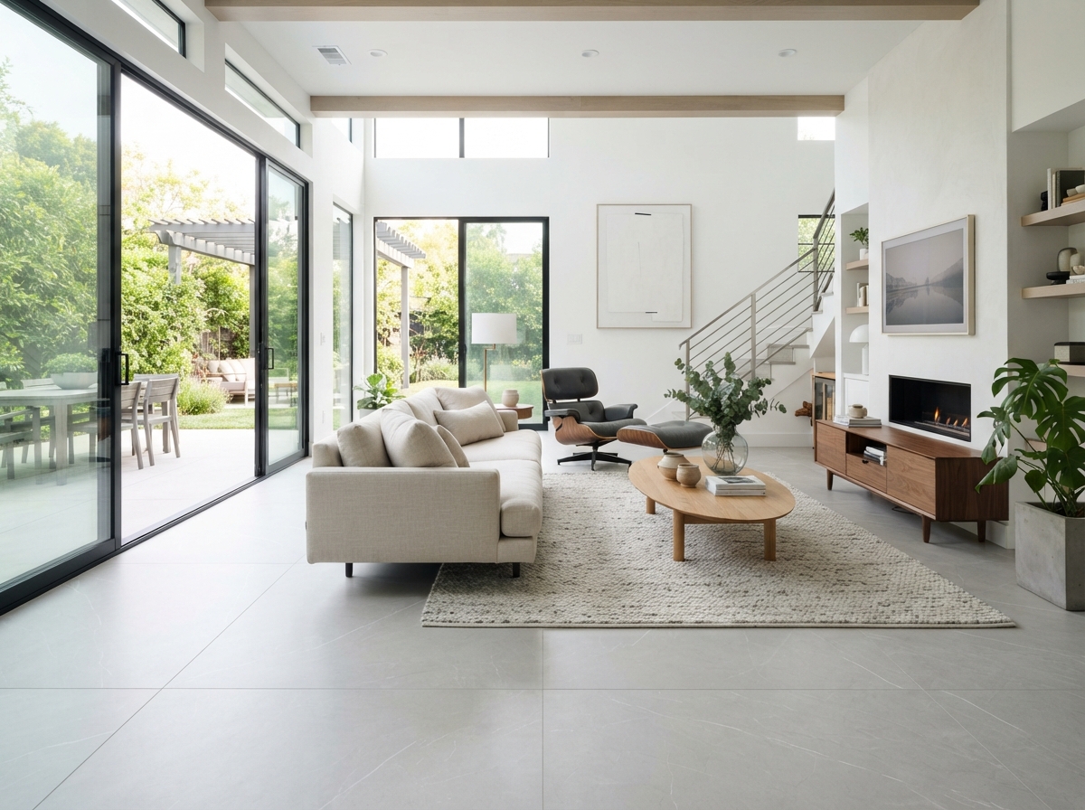 Large format tile flooring in a modern kitchen
