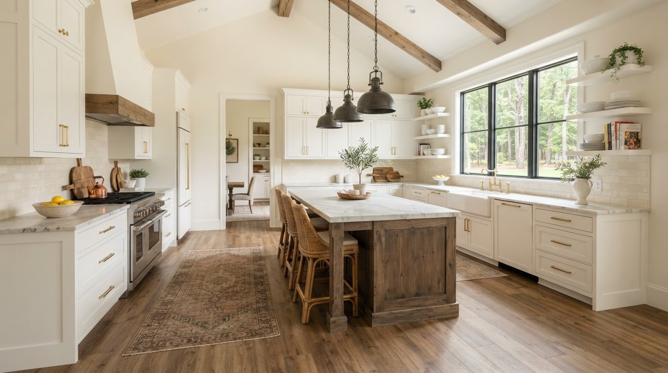 Beautiful luxury vinyl plank flooring installation in bright modern East Texas kitchen showing realistic wood appearance and durability