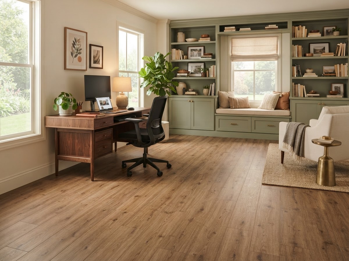 Beautiful laminate flooring installation in stylish home office space