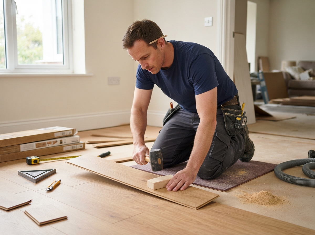Professional laminate flooring installer working during installation