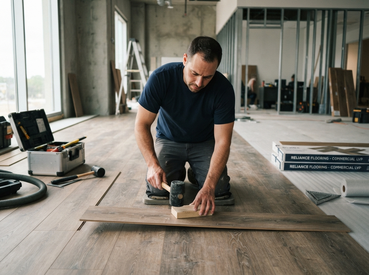Professional commercial flooring installer working in a business space