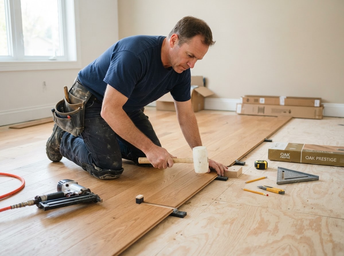 Professional hardwood flooring installer laying planks during installation