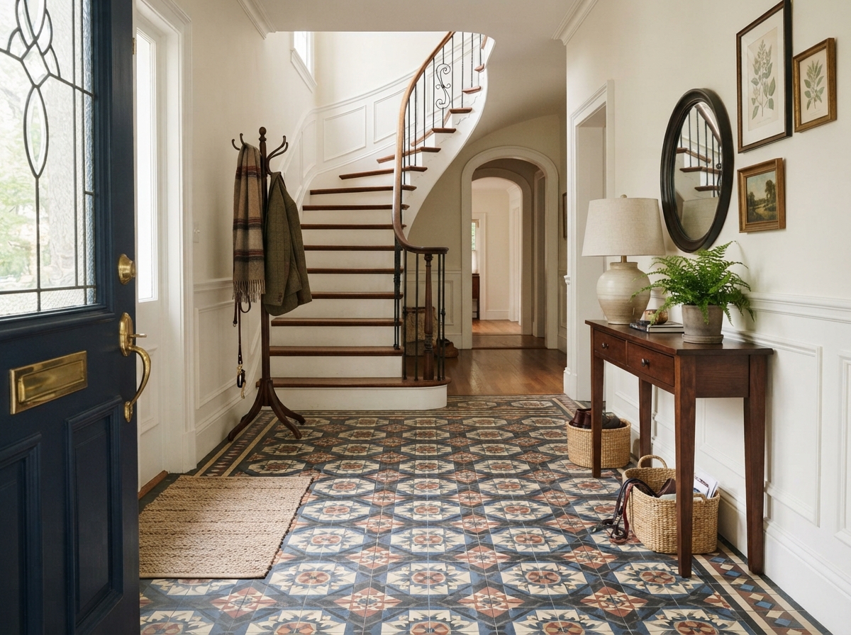 Classic patterned tile flooring in a laundry room