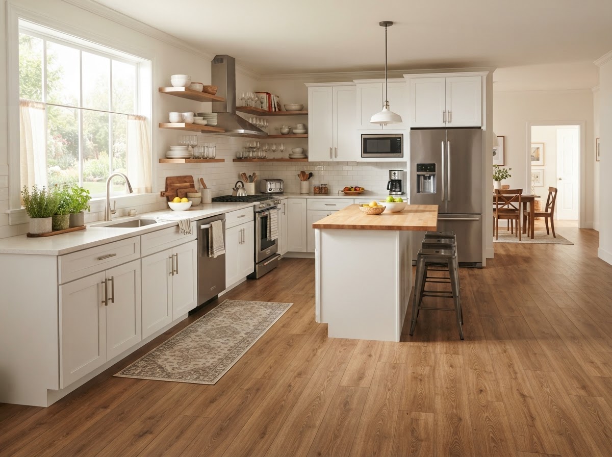 Warm luxury vinyl plank flooring in a bright East Texas kitchen with natural light