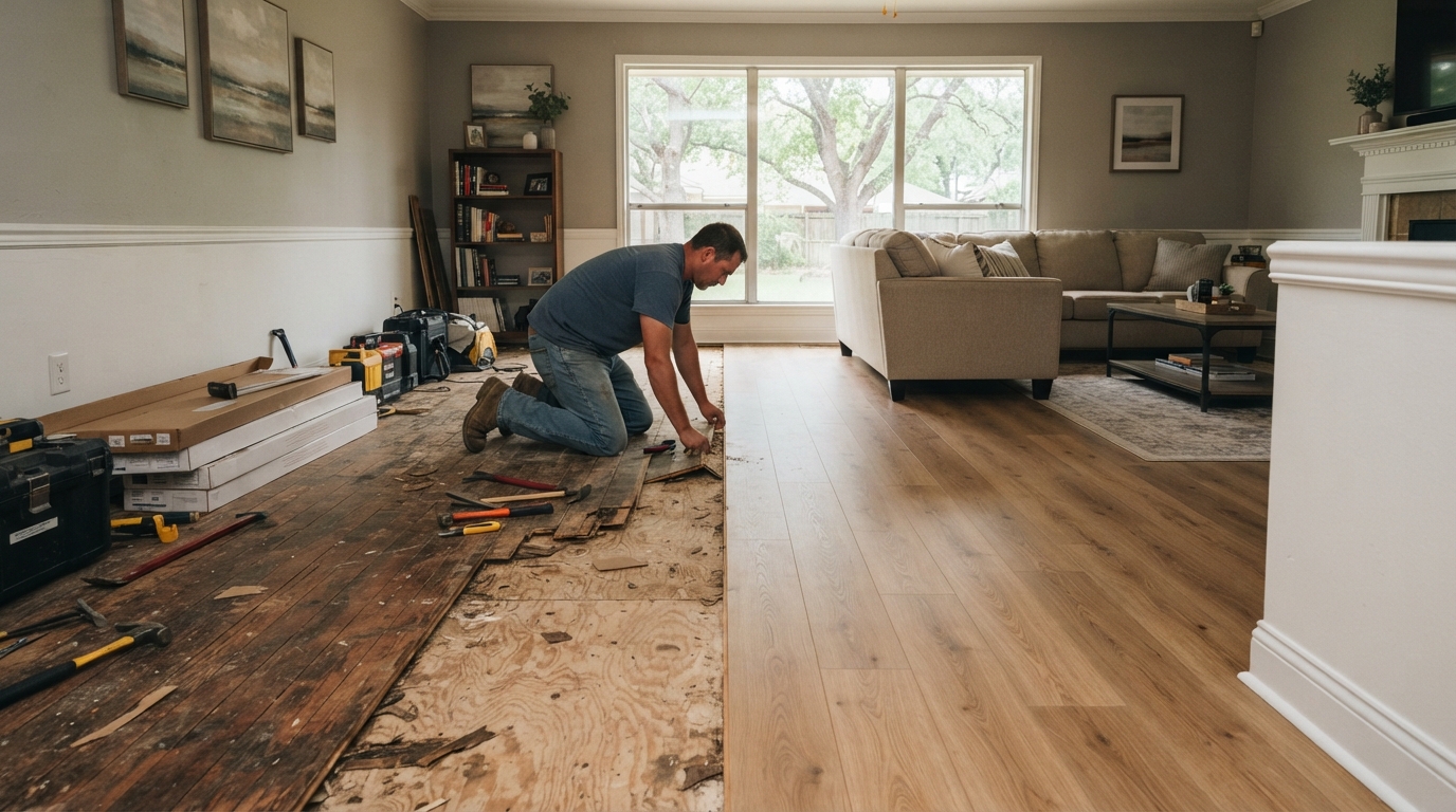 Beautiful new flooring replacing old damaged floors in an East Texas home