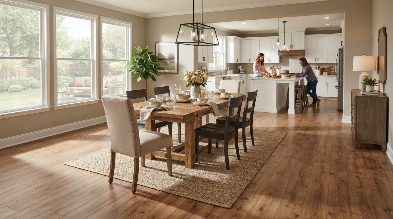 Warm natural wood laminate flooring in an open concept home