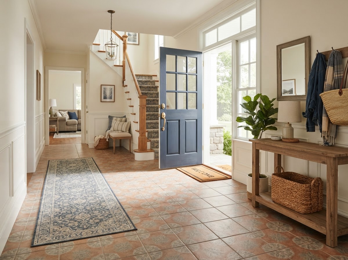 Beautiful tile flooring in a modern bathroom with natural light