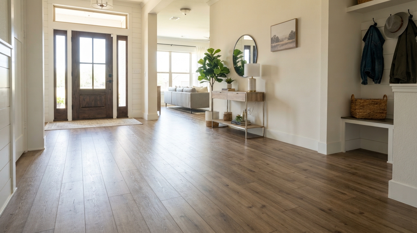 Wide plank laminate flooring in a modern East Texas home entryway