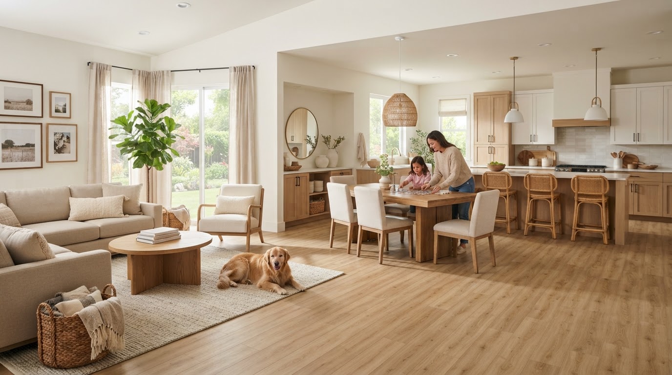 Warm wood tone luxury vinyl plank flooring in an open concept home
