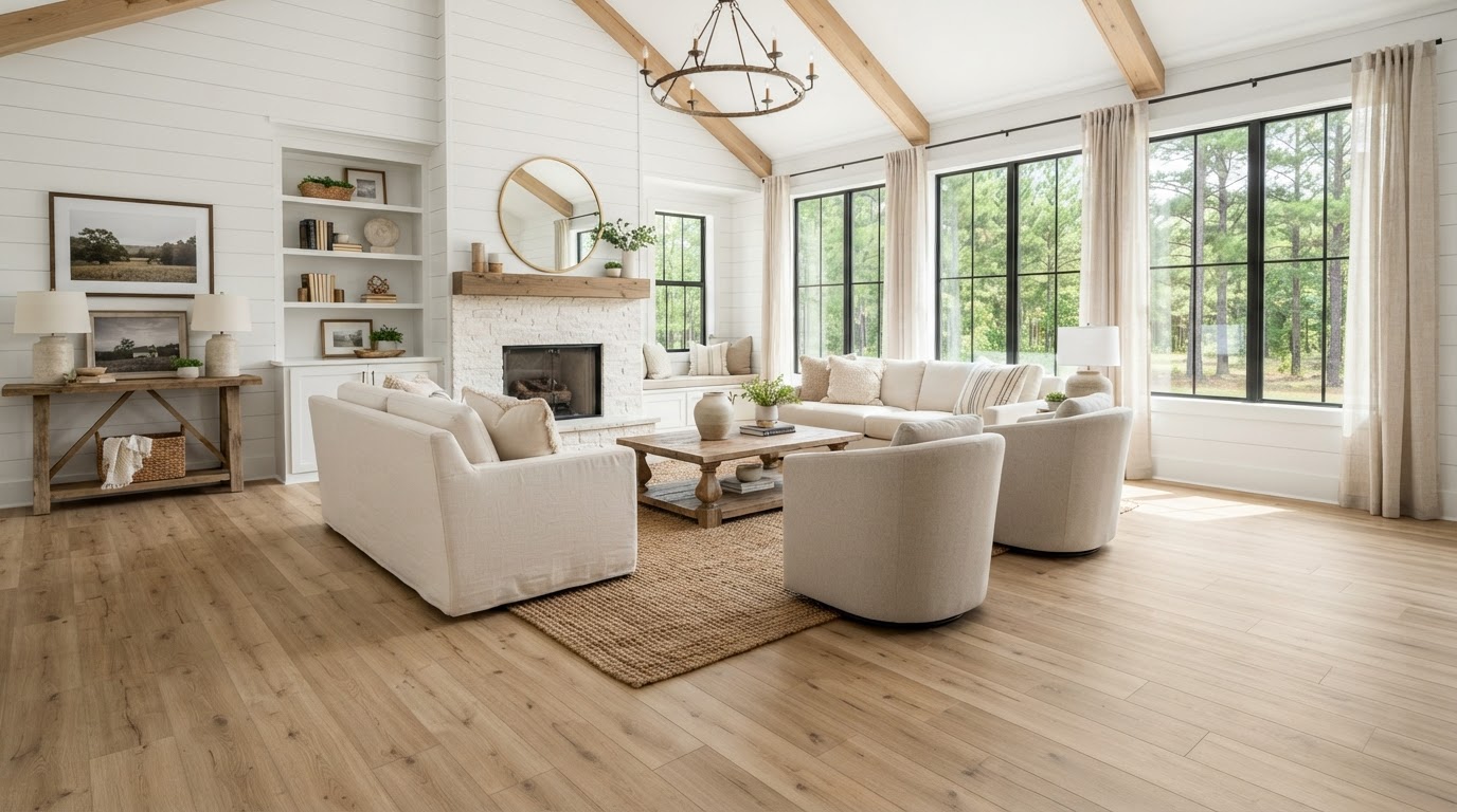 Beautiful luxury vinyl plank flooring in a bright East Texas living room