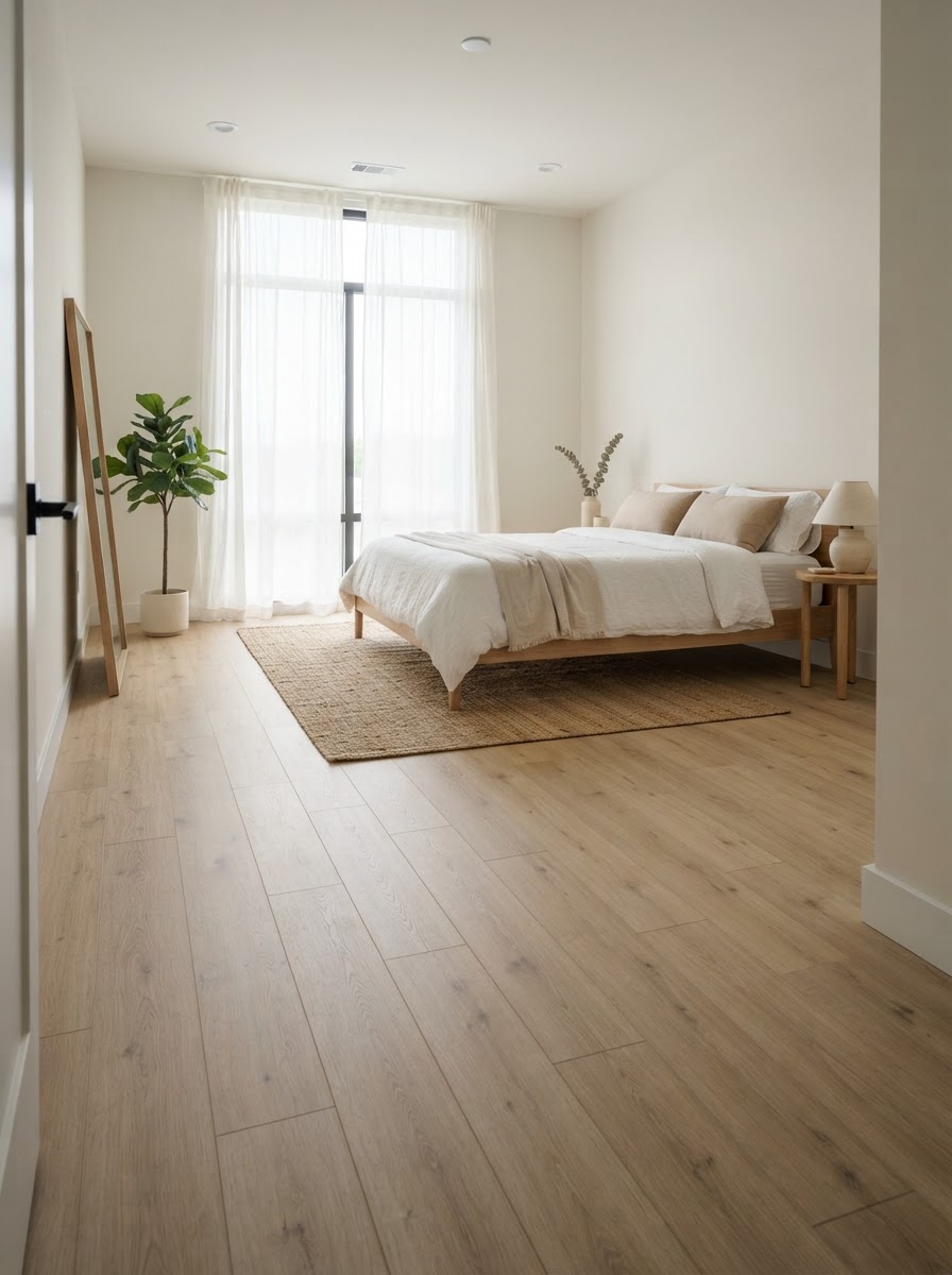 Light natural oak luxury vinyl plank flooring in a bright bedroom