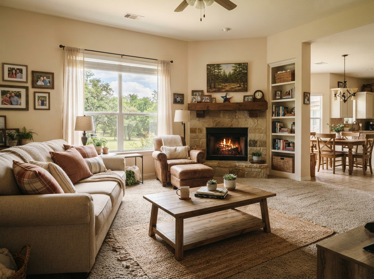 Neutral carpet in a family room with warm tones
