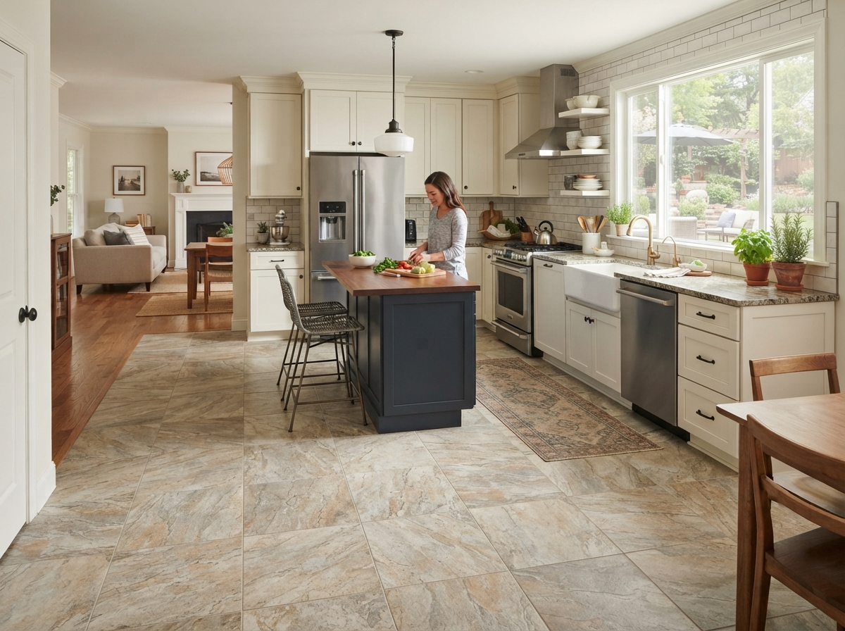 Natural stone inspired tile flooring in an elegant entryway