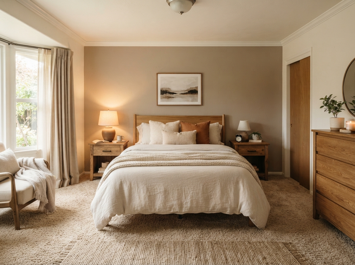 Plush carpet in a cozy bedroom with soft lighting