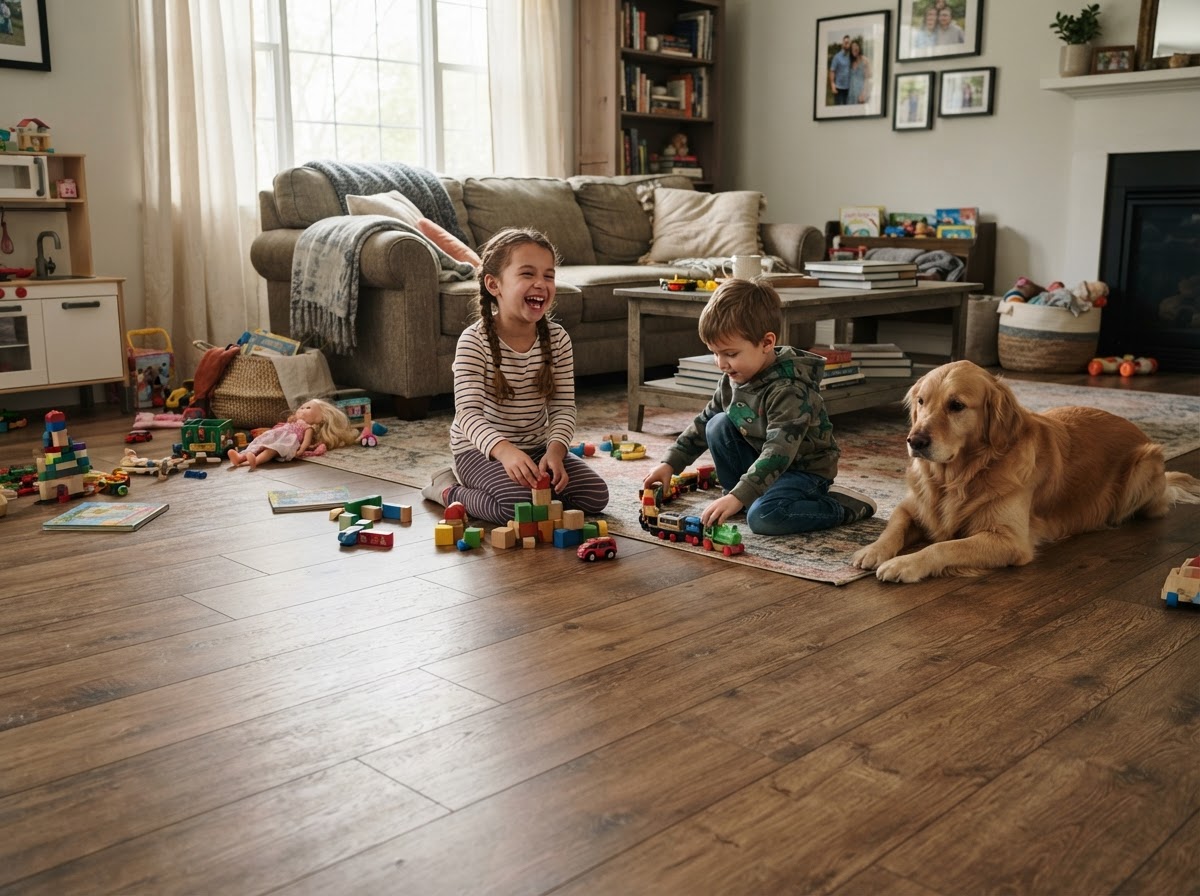 Family living room with durable luxury vinyl plank flooring, kids and pets in everyday life