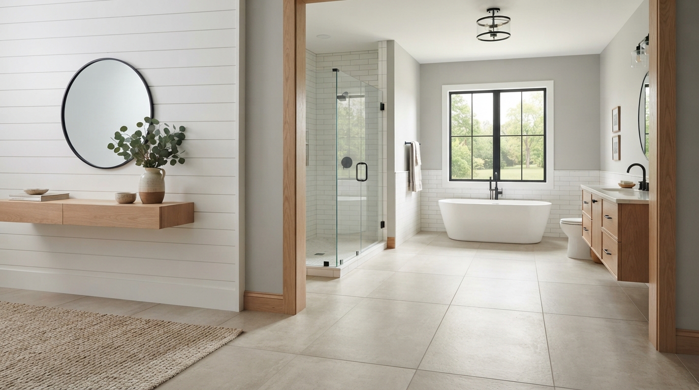 Dramatic tile flooring pattern in elegant bathroom or entryway with natural light
