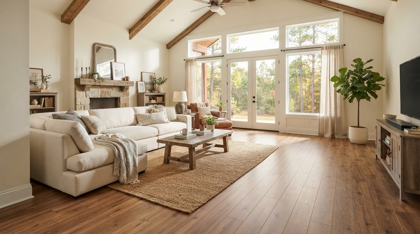 Beautiful laminate flooring in a spacious East Texas living room
