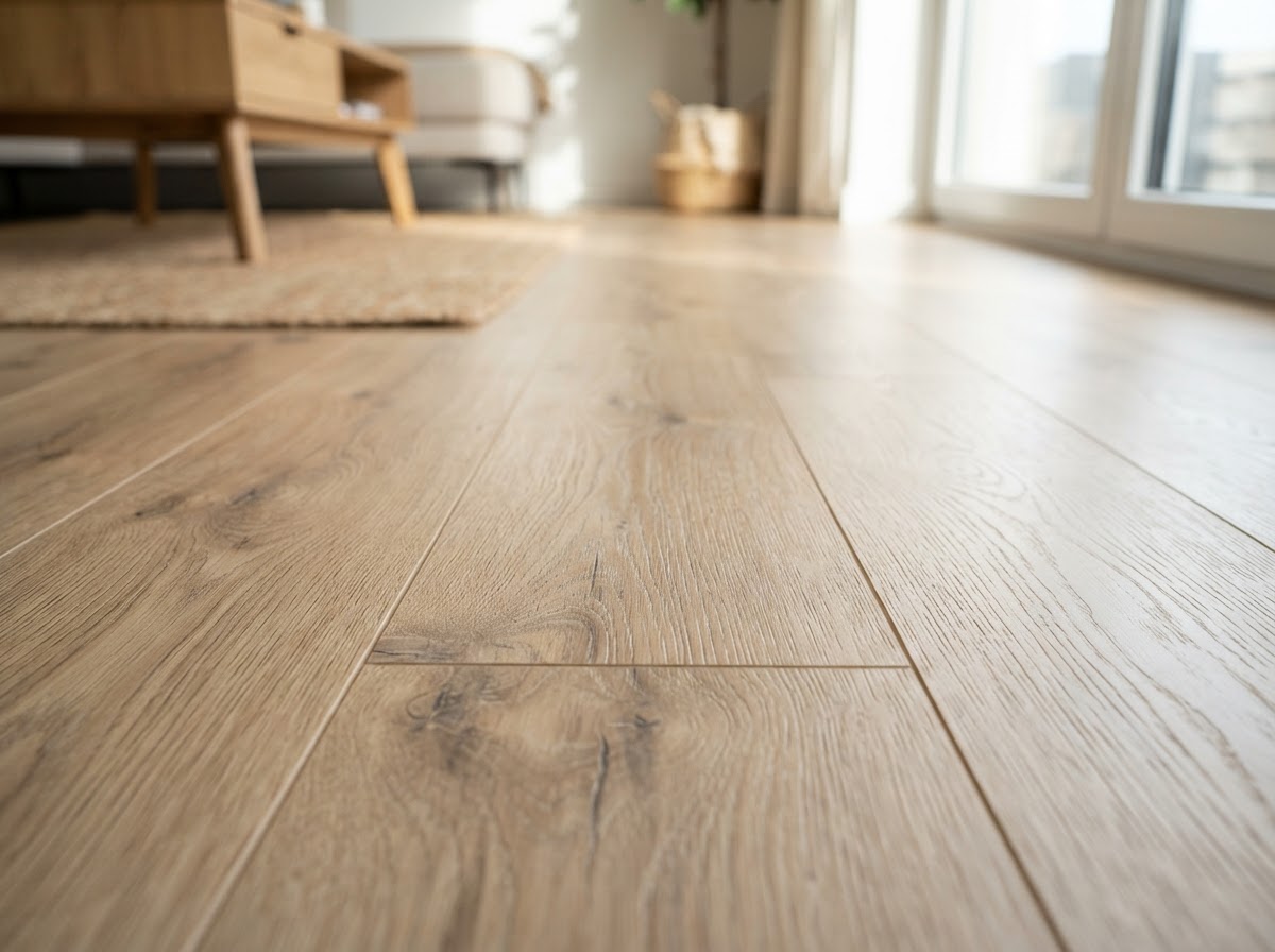 Light oak laminate flooring in a bright living space