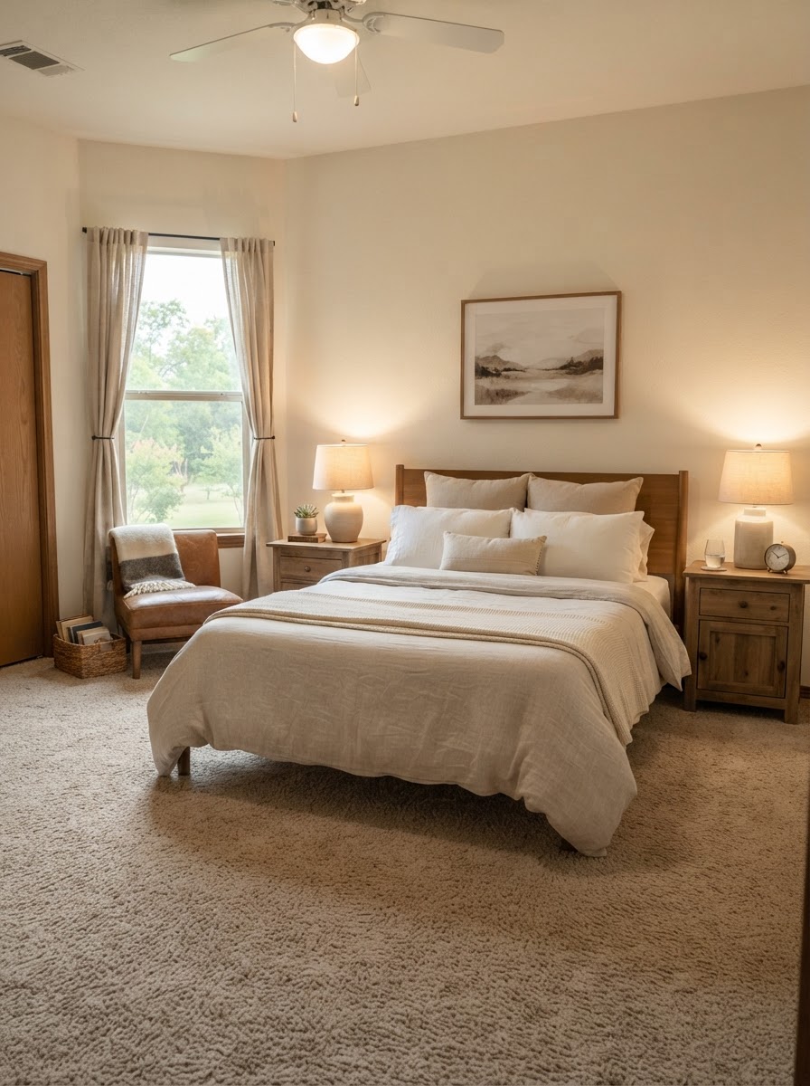 Plush neutral carpet in cozy master bedroom suite with soft ambient lighting