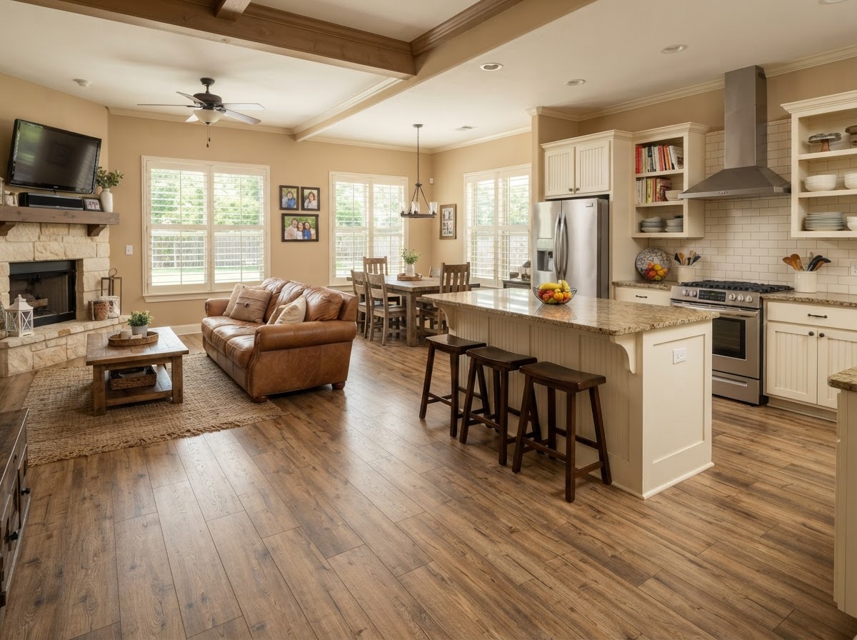 Laminate flooring with wood-inspired appearance in a modern East Texas home