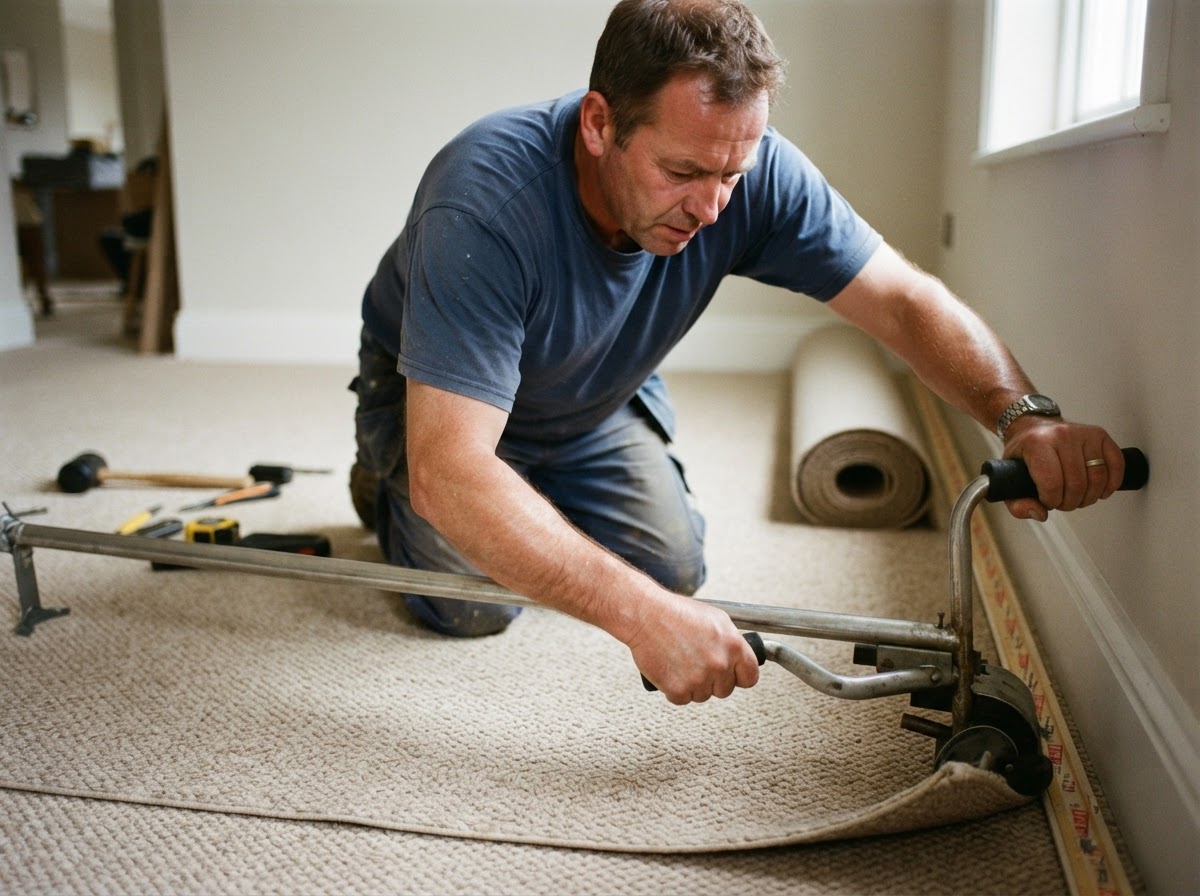 Professional carpet installer stretching carpet during installation
