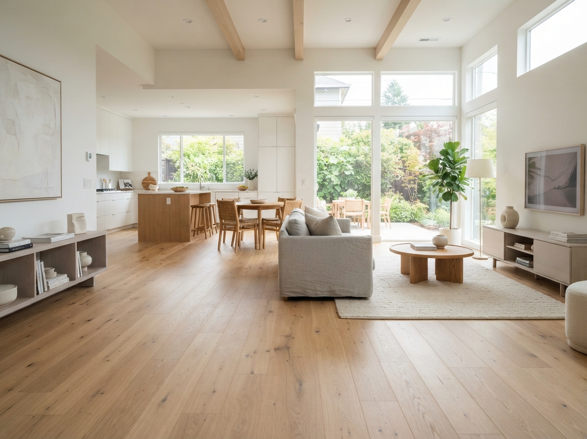 Light natural hardwood flooring in a bright living space