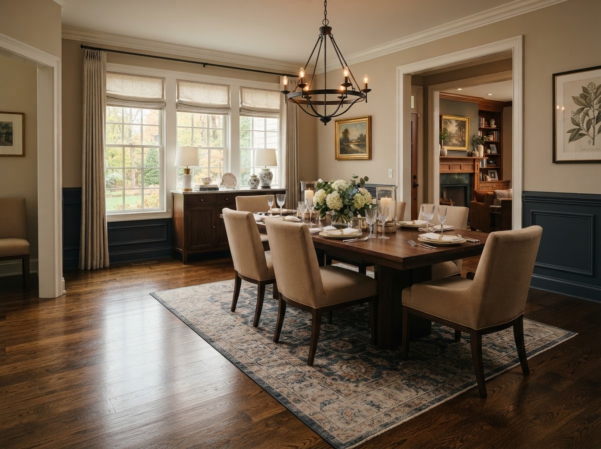 Rich dark hardwood flooring in an elegant dining room