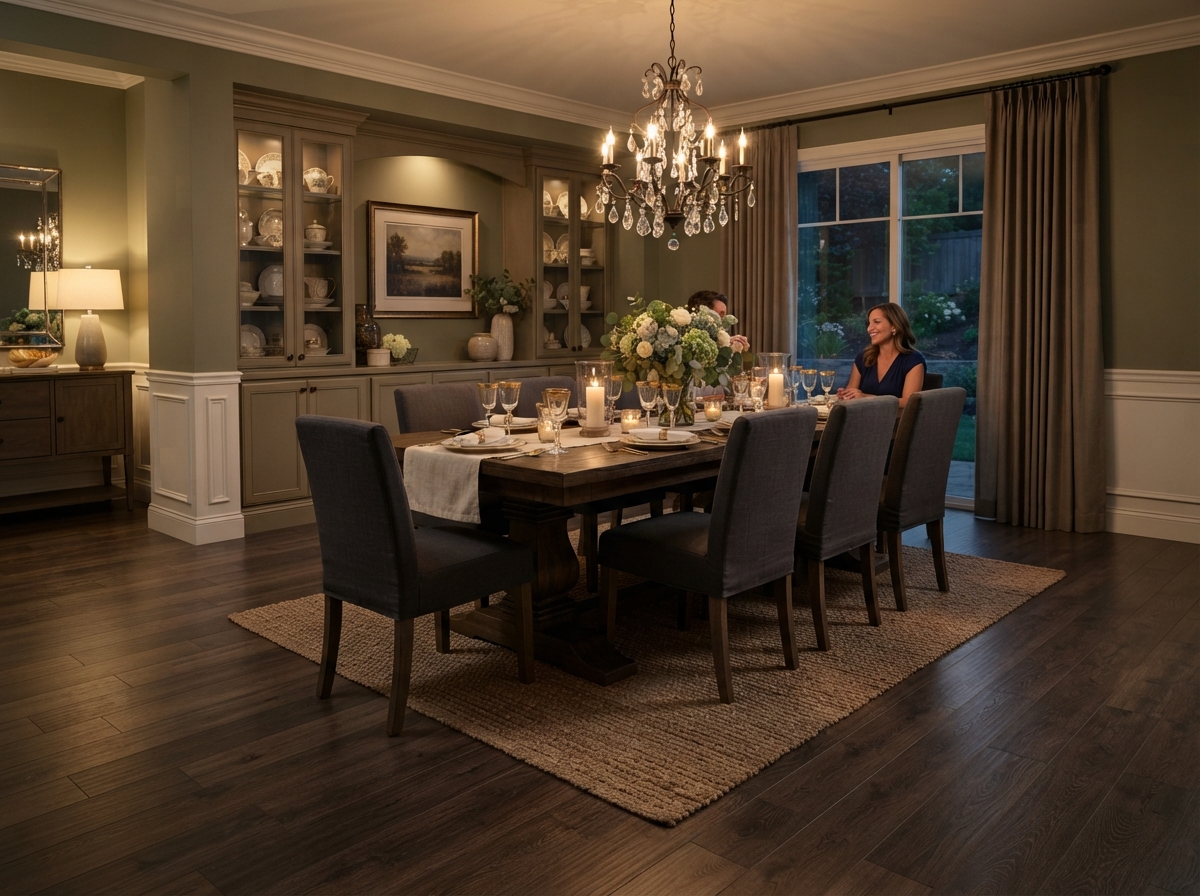 Rich wood tone laminate flooring in an elegant dining room
