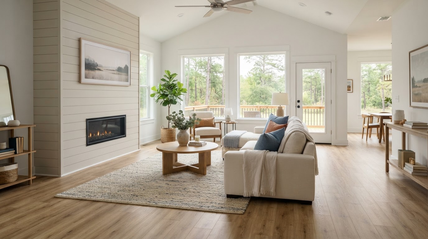 Modern laminate flooring in a bright East Texas living room