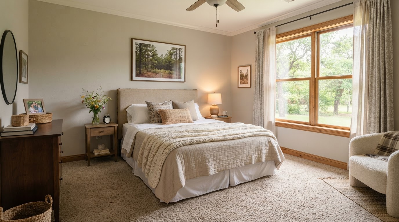 Soft neutral carpet in a comfortable East Texas bedroom