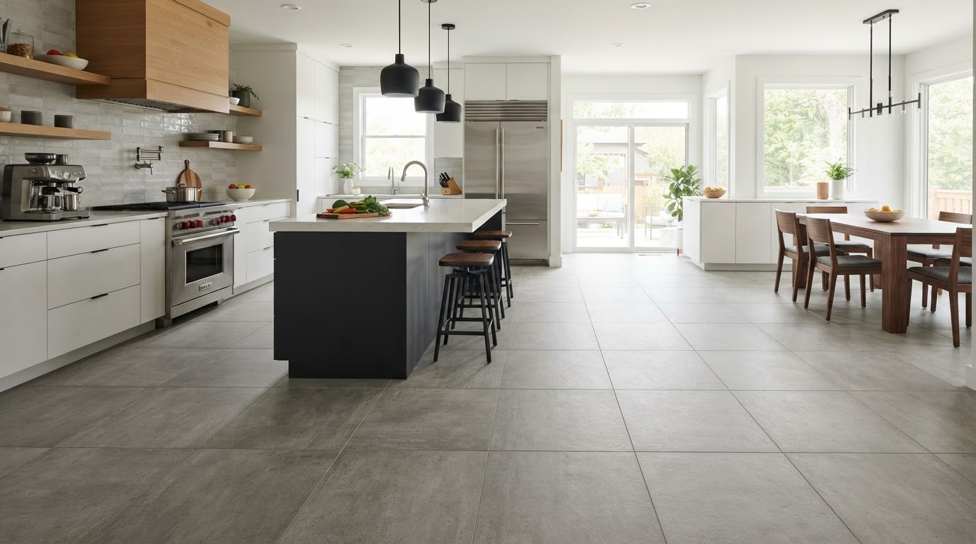 Large format tile flooring in a modern East Texas kitchen