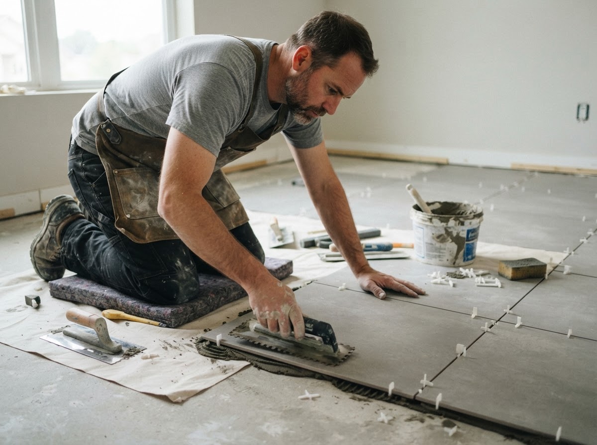 Professional tile installer laying tile during installation