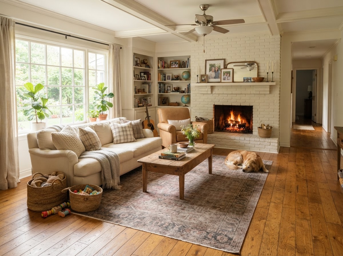 Warm hardwood flooring in a family room with natural light