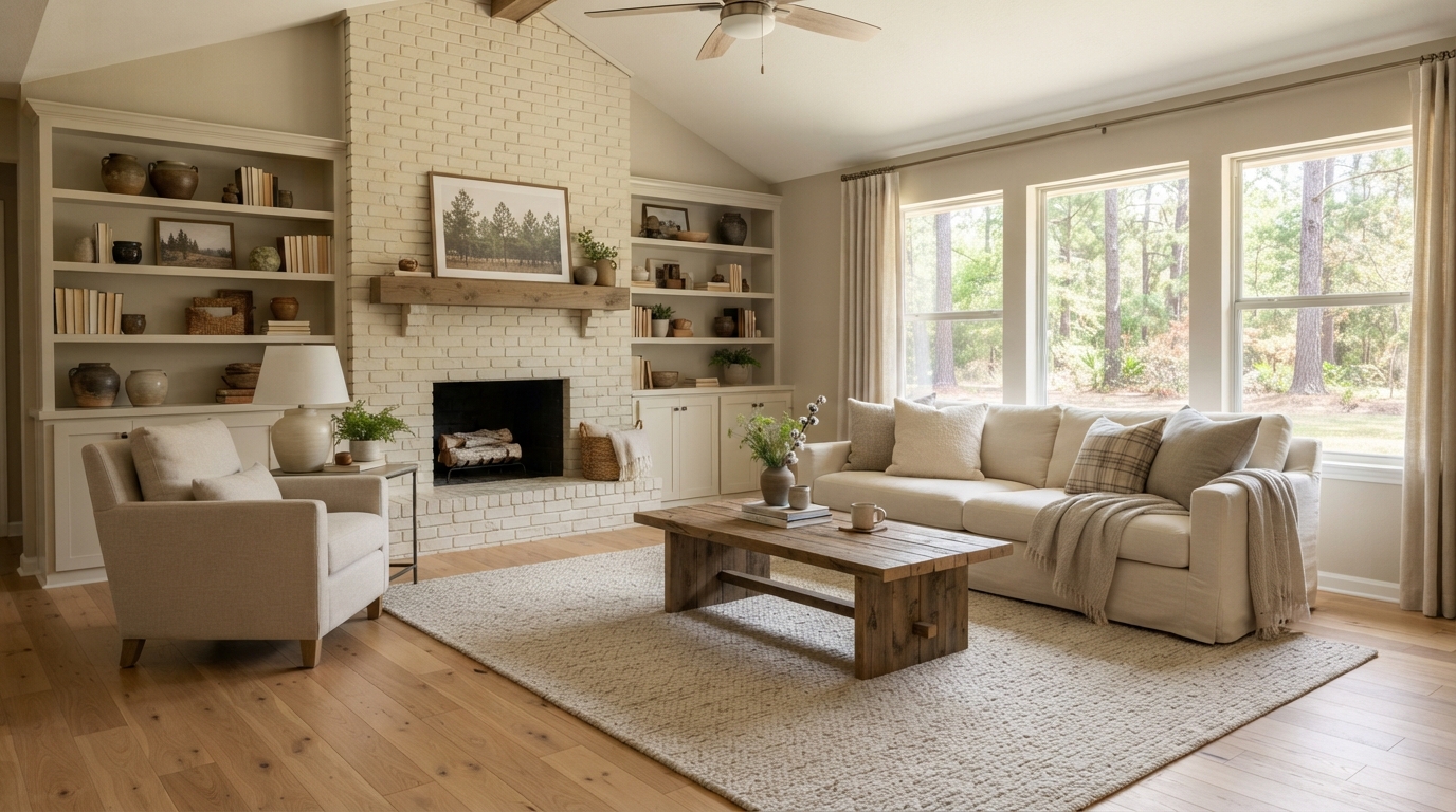 Elegant hardwood floors in spacious living room with warm natural oak tones