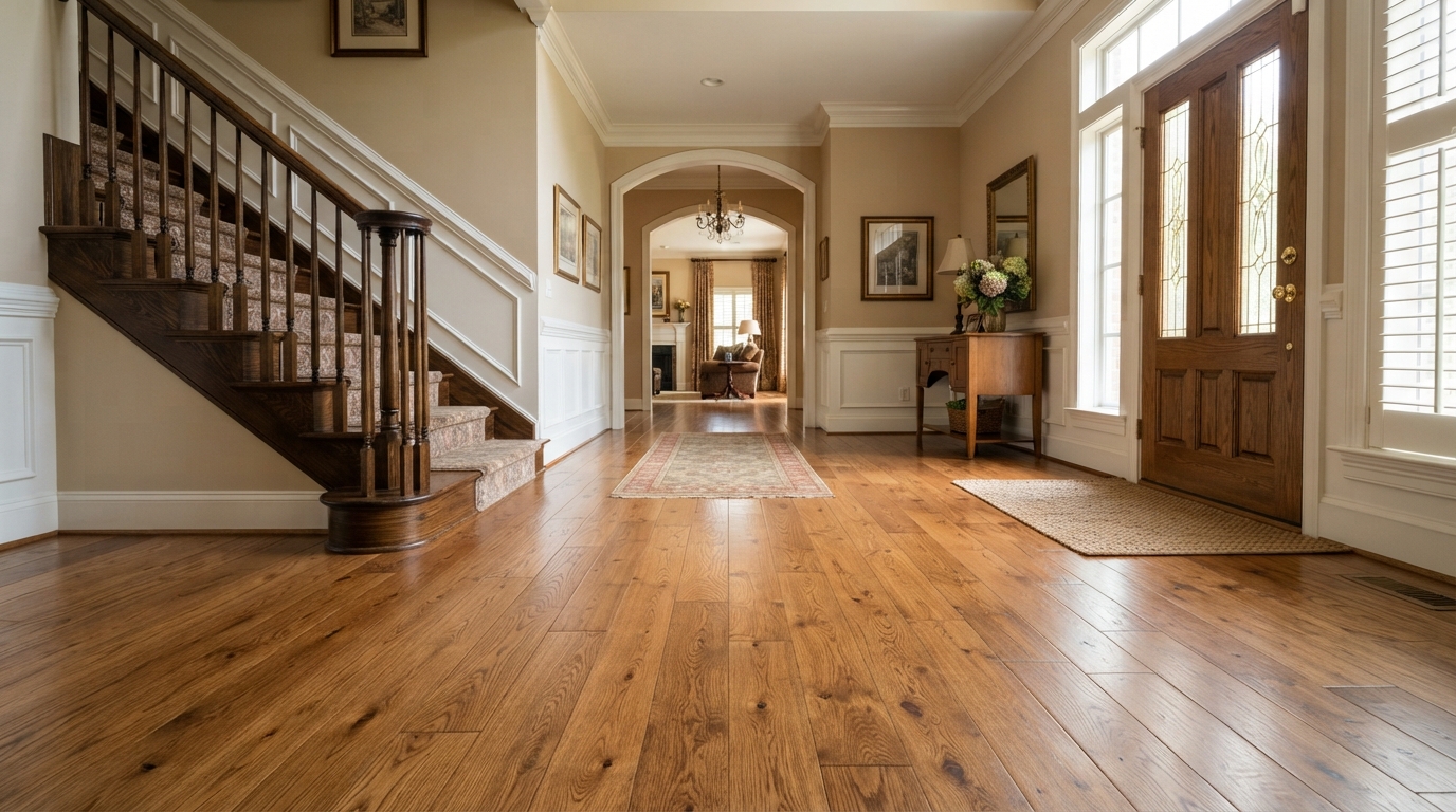 Traditional hardwood flooring in a classic East Texas home entryway