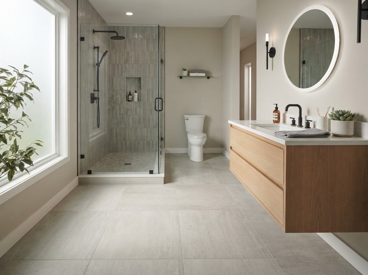 Neutral modern tile flooring in a clean bathroom
