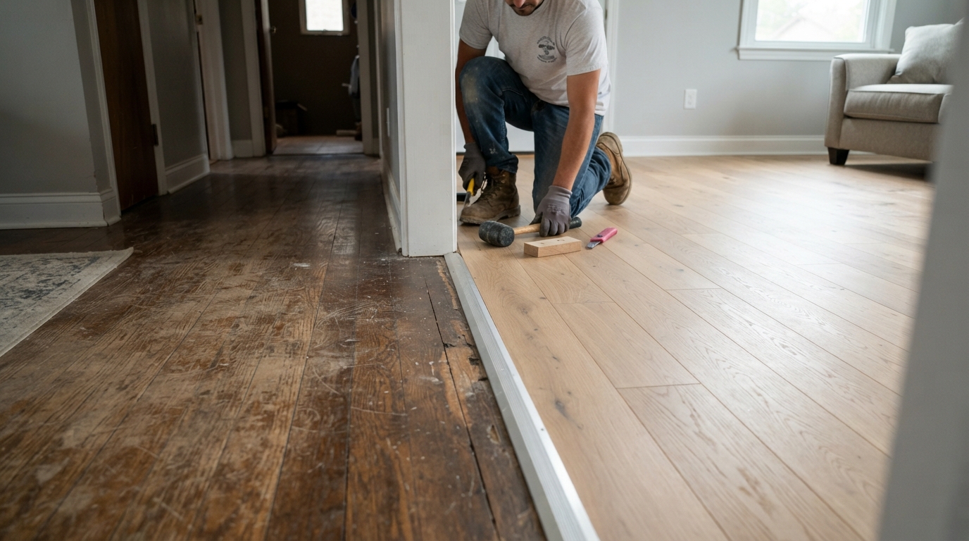 Flooring replacement transition from old to new flooring in an East Texas home