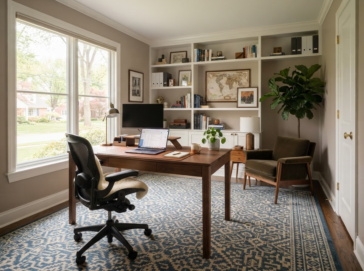 Patterned carpet in a stylish home office