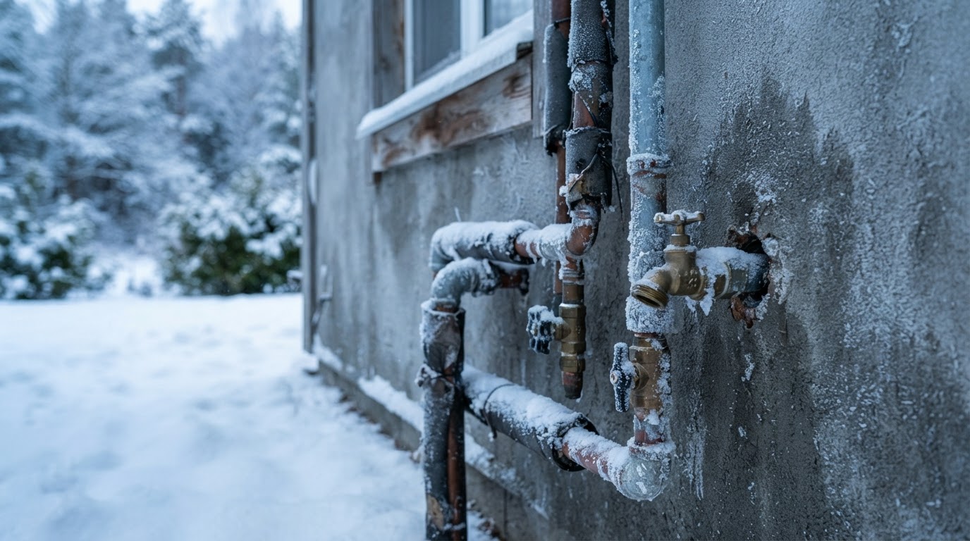Frozen water pipes on an exterior wall during a cold winter night in Huntington NY
