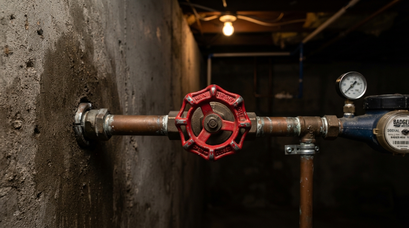 Water main shutoff valve with a red wheel handle on a basement pipe