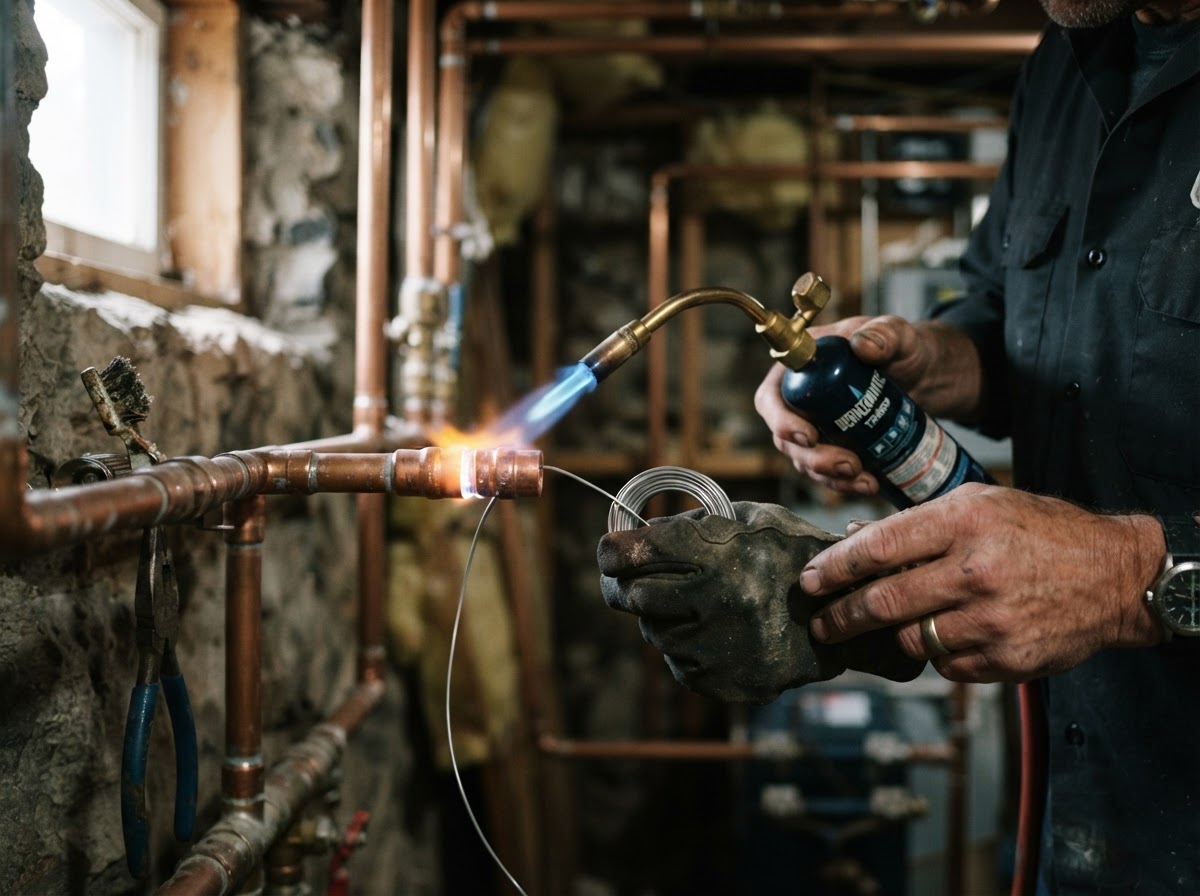 Brian Gerken's hands working on copper pipes with professional plumbing tools