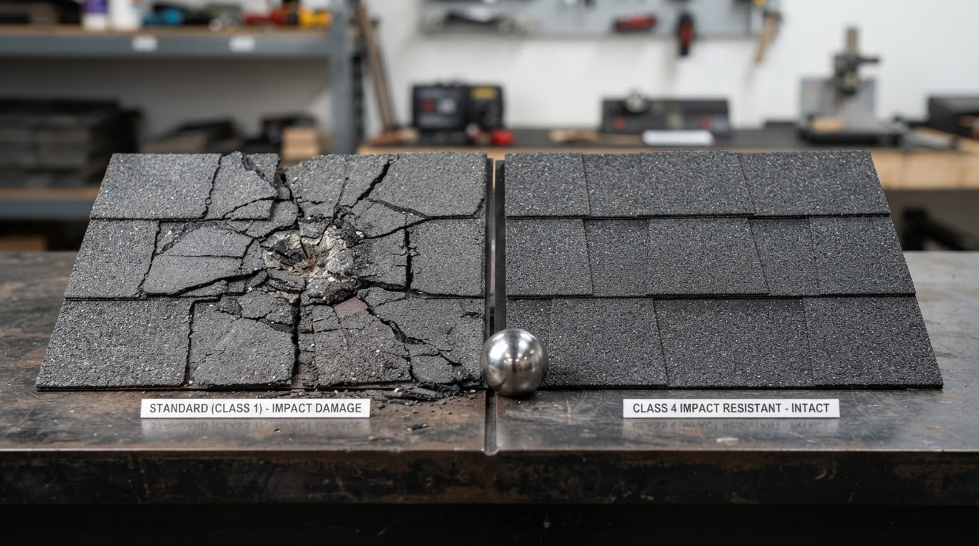 Impact test: standard shingle vs. Class 4. Same test, different roof