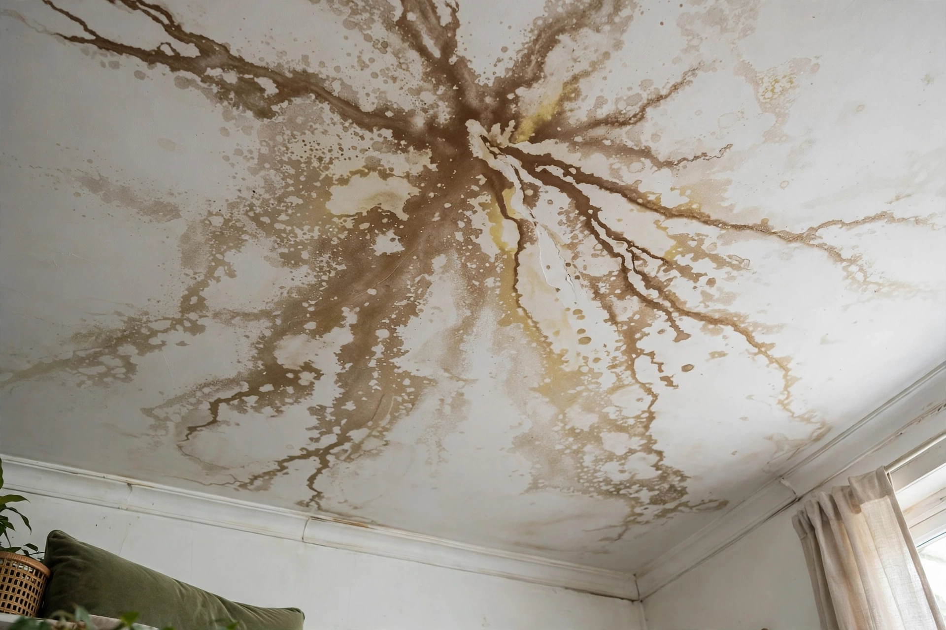 Brown water stain on a ceiling from a roof leak